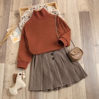 Children's Cross-border Autumn New Long Sleeve Turtleneck Bottoming Knitted Sweater + Woolen Pleated Skirt A- Line Skirt Two-piece Suit sku image 1