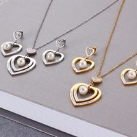 Foreign Trade Supply Korean Accessories Fashion Simple Women Heart Pearl Earrings Necklace Two-piece Ornament Wholesale main image 6