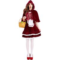 Halloween Costume Nouveau Commerce Extérieur Robe Rayé Vin Rouge Dentelle Châle Little Red Riding Capot De Partie De Costume Jupe Courte main image 1