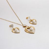 Foreign Trade Supply Korean Accessories Fashion Simple Women Heart Pearl Earrings Necklace Two-piece Ornament Wholesale sku image 2