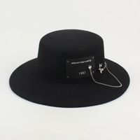 Hat Female 2021 Autumn And Winter New Temperament Leisure Flat Top Felt Cap European And American Style Fashionable Pin Patch Wool Top Hat sku image 1