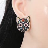 55625 Europe And America Creative Black Cat Colorful Cat Funny Earrings Halloween Ghost Festival Ear Studs Oil-plated Diamond Earrings main image 3
