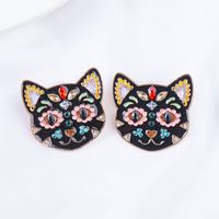 55625 Europe And America Creative Black Cat Colorful Cat Funny Earrings Halloween Ghost Festival Ear Studs Oil-plated Diamond Earrings main image 5