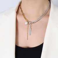 Minimalist Style Cross Chain Flower Pearl Silver Full Diamond Titanium Steel Bracelet Necklace Set For Women sku image 15