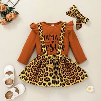 2021 New Type Baby Leopard Print Suspender Skirt Long-sleeve Jumpsuit Two-piece Set Baby Fashion Letter Onesie Suit main image 1