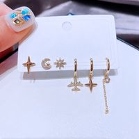 High-end Korean Style Korean Earrings Set Simple Fashion Zircon Micro-inlaid Small Aircraft Ear Clip Eight-pointed Stars Stud Earrings For Women main image 3