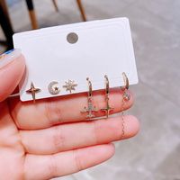 High-end Korean Style Korean Earrings Set Simple Fashion Zircon Micro-inlaid Small Aircraft Ear Clip Eight-pointed Stars Stud Earrings For Women main image 6