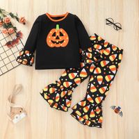 New Halloween Ghost Head T-shirt Trousers Two-piece Suit European And American Pumpkin Picture Striped Bell-bottom Pants Suit sku image 1