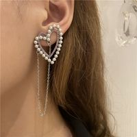Korea Retro Geometric Hollow Heart Pearl Flashing Rhinestone Long Tassel Earrings Wholesale Nihaojewelry main image 1