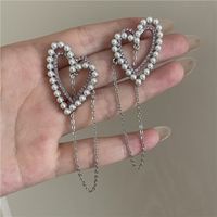 Korea Retro Geometric Hollow Heart Pearl Flashing Rhinestone Long Tassel Earrings Wholesale Nihaojewelry main image 5