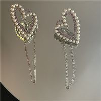 Korea Retro Geometric Hollow Heart Pearl Flashing Rhinestone Long Tassel Earrings Wholesale Nihaojewelry main image 6