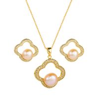 Copper Inlaid Zircon Pearl Flower Shape Korean Style Earrings Necklace Set Wholesale Jewelry Nihaojewelry main image 1