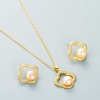 Copper Inlaid Zircon Pearl Flower Shape Korean Style Earrings Necklace Set Wholesale Jewelry Nihaojewelry main image 3