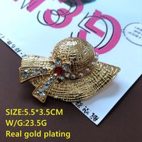 Electroplated Real Gold Turquoise Black Stone Cute Animal Drip Glazed Enamel Straw Hat Brooch Plant Leaves Pearl Pin sku image 10