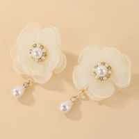 925 Silver Needle Organza Fabric Rhinestone-encrusted Pearl Flower Earrings European And American Ins Graceful And Fashionable Sweet Elegant Earrings sku image 1