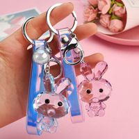 Acrylic Polygon Cut Crystal Glass Rabbit Keychain Creative Leather Rope Accessories Student Schoolbag Decorations main image 4