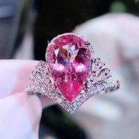 Explosion Luxury Crown High Carbon Diamond Drop-shaped Simulation Pink Tourmaline Color Treasure Open Ring Engagement Diamond Ring sku image 1