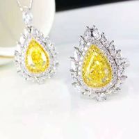 The New Luxury Water Drop Pear-shaped Yellow Diamond Pendant Is Micro-studded With Diamond Pink Crystal Stud Earrings Open Ring Caibao Necklace Set sku image 5