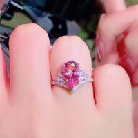 Explosion Luxury Crown High Carbon Diamond Drop-shaped Simulation Pink Tourmaline Color Treasure Open Ring Engagement Diamond Ring main image 4