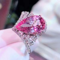 Explosion Luxury Crown High Carbon Diamond Drop-shaped Simulation Pink Tourmaline Color Treasure Open Ring Engagement Diamond Ring main image 5