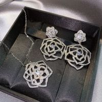 Elegant Socialite Hollow-out Exquisite Rose Necklace Camellia Stud Earrings Flower-shaped Flower Cluster Ring Opening Accessories Set main image 3
