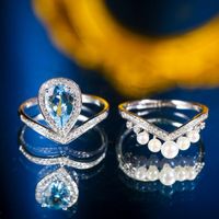 Tik Tok Live Stream Popular Imitation Natural Aquamarine Crown Diamond Ring Advanced Design Pearl Colored Gems Stacked Ring Female main image 5