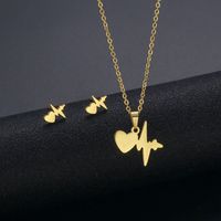 Ecg Wave Necklace Stainless Steel Personality Heart-shaped Pendant Earring Set sku image 1