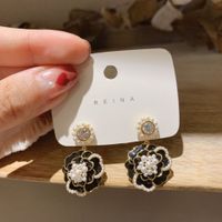 925 Silver Needle Pearl Diamond Drop Oil Flower Earrings Korean Retro Earrings sku image 1