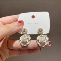 925 Silver Needle Pearl Diamond Drop Oil Flower Earrings Korean Retro Earrings sku image 2