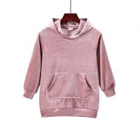 Girls' Autumn And Winter Korean Velvet Mid-length Hooded Sweater 2021 New Solid Color Long Sleeve Children's Pocket Sweatshirt Children's Clothing sku image 1