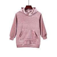 Girls' Autumn And Winter Korean Velvet Mid-length Hooded Sweater 2021 New Solid Color Long Sleeve Children's Pocket Sweatshirt Children's Clothing sku image 3