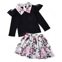 Lace Flounced Sleeve Lapel Long Sleeve Top Girls' Autumn Printing Skirt Suit 2021 Autumn New Children's Clothing sku image 1