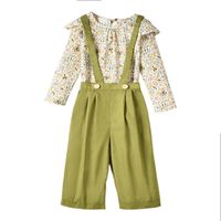 Pastoral Style Floral Long-sleeved Blouse Girls Green Suspenders Trousers sku image 1