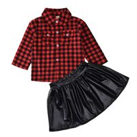 Girls Black Leather Short Skirt Suit 2021 New Plaid Lapel Shirt sku image 1