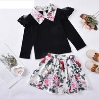 Lace Flounced Sleeve Lapel Long Sleeve Top Girls' Autumn Printing Skirt Suit 2021 Autumn New Children's Clothing main image 2