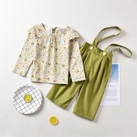 Pastoral Style Floral Long-sleeved Blouse Girls Green Suspenders Trousers main image 6