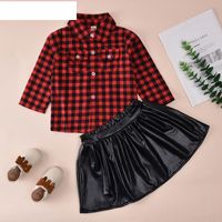 Girls Black Leather Short Skirt Suit 2021 New Plaid Lapel Shirt main image 1