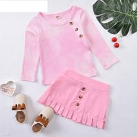 Girls Tie-dye Pit Strip Round Neck Long-sleeved Tops Pink Short Skirts Autumn Children's Clothing main image 1