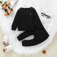 Autumn Children's Long-sleeved T-shirt Trousers Black Suit Korean Version Pullover Sweater Pit Strip Two-piece Set main image 2