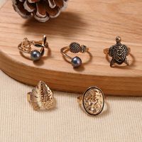 Cross-border Ring Set Fashion Colorful Gray Pearl Hollow Carved Leaves Tortoise Ring 5-piece Set main image 4