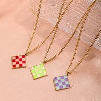 Cross-border New Geometric Square Pendant Necklace Color Dripping Oil Checkerboard Clavicle Chain Necklace main image 1