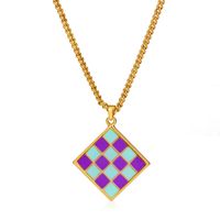 Cross-border New Geometric Square Pendant Necklace Color Dripping Oil Checkerboard Clavicle Chain Necklace main image 4