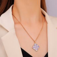 Cross-border New Geometric Square Pendant Necklace Color Dripping Oil Checkerboard Clavicle Chain Necklace main image 6