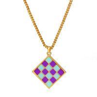 Cross-border New Geometric Square Pendant Necklace Color Dripping Oil Checkerboard Clavicle Chain Necklace sku image 3