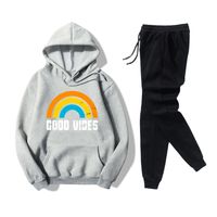 Hooded Rainbow Letters Printed Sweater Casual Pants Fleece Two-piece Suit main image 1