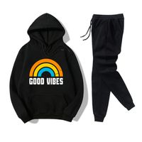 Hooded Rainbow Letters Printed Sweater Casual Pants Fleece Two-piece Suit main image 4