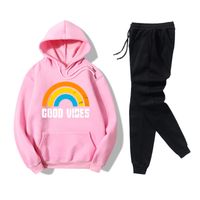 Hooded Rainbow Letters Printed Sweater Casual Pants Fleece Two-piece Suit main image 5