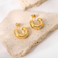 Special-shaped Hammer Pattern Inlaid Zirconium C-shaped Earrings 18k Gold-plated Stainless Steel Earrings main image 1