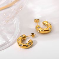 Special-shaped Hammer Pattern Inlaid Zirconium C-shaped Earrings 18k Gold-plated Stainless Steel Earrings main image 3