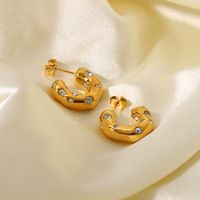 Special-shaped Hammer Pattern Inlaid Zirconium C-shaped Earrings 18k Gold-plated Stainless Steel Earrings main image 4